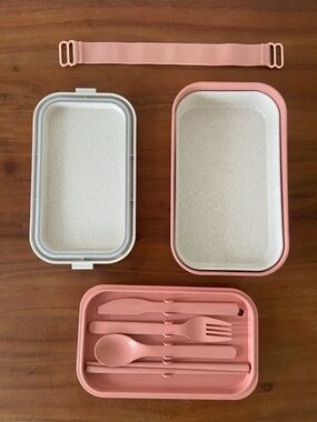 Our Place The Lunch Box in a pink & stone modular bento box built-in cutlery
